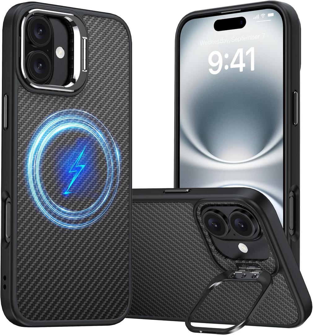 Magnetic for iPhone 16 Plus Case Carbon Fiber Skin SensationCompatible With magsafeMetal Lens KickstandDropproof Sturdy Carbon Fiber PatternWireless Charging Case for iPhone 16 Plus (Black)