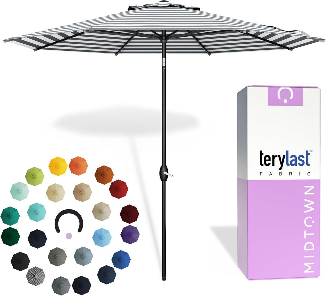 MIDTOWN UMBRELLAS The Lean 9 Feet Outdoor Umbrella With Terylast Matter Stripes (Grey/White Stripes) Polyester Fabric - Auto-Tilt Aluminum Frame Patio Umbrella For Deck, Garden, Pool - Black Pole