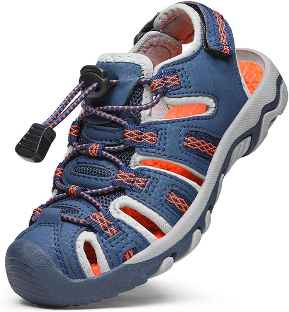 DREAM PAIRS Boys Girls Summer Outdoor Athletic Sport Sandals Walking Hiking Hook and Loop Adjustable Multicolor for Toddler/Little/Big Kids (Navy/Light/Grey/Orange), Size: 12 Little Kid