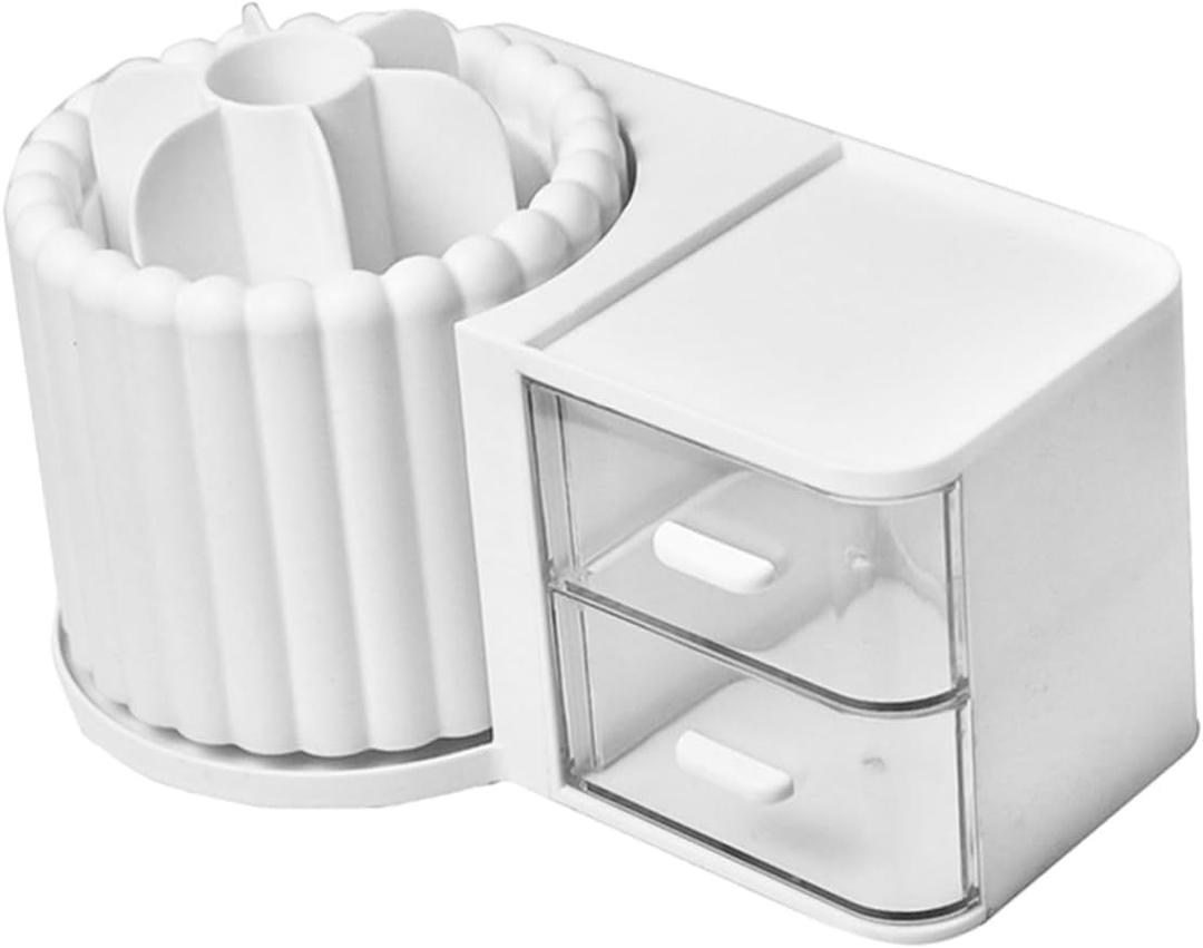 Rotating Cosmetic Brush Holder Drawer Multi-function Desk Organizer for Pens Scissors and Makeup for Home Office and Student Use (23.50X13.50X13.00CM, White)