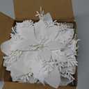 GREENTIME 12 Pcs Glitter Poinsettia 5.5" Artificial Flowers Christmas with Clips Stems Xmas Tree Ornaments for New Year Party Stairs Fireplace Porch Balcony Garden Church Wreath Decoration (White)