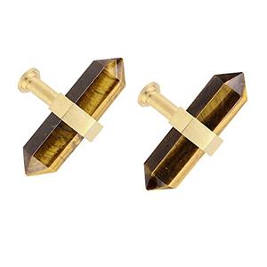 mookaitedecor Set of 2 Tiger's Eye Double Crystal Points Drawer Knobs with Screws, Decorative Stone Cabinet Handle Pulls for Dresser Cupboard Kitchen Decor, Brushed Brass