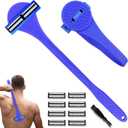 2 in 1 Back Shaver & Massage Cleaning Brush with Bendable Handle, Manual Stainless Steel Razor for Back & Body Hair Removal, Portable Wet Dry Body Groomer with 8 Pcs Replaceable Blades-Blue