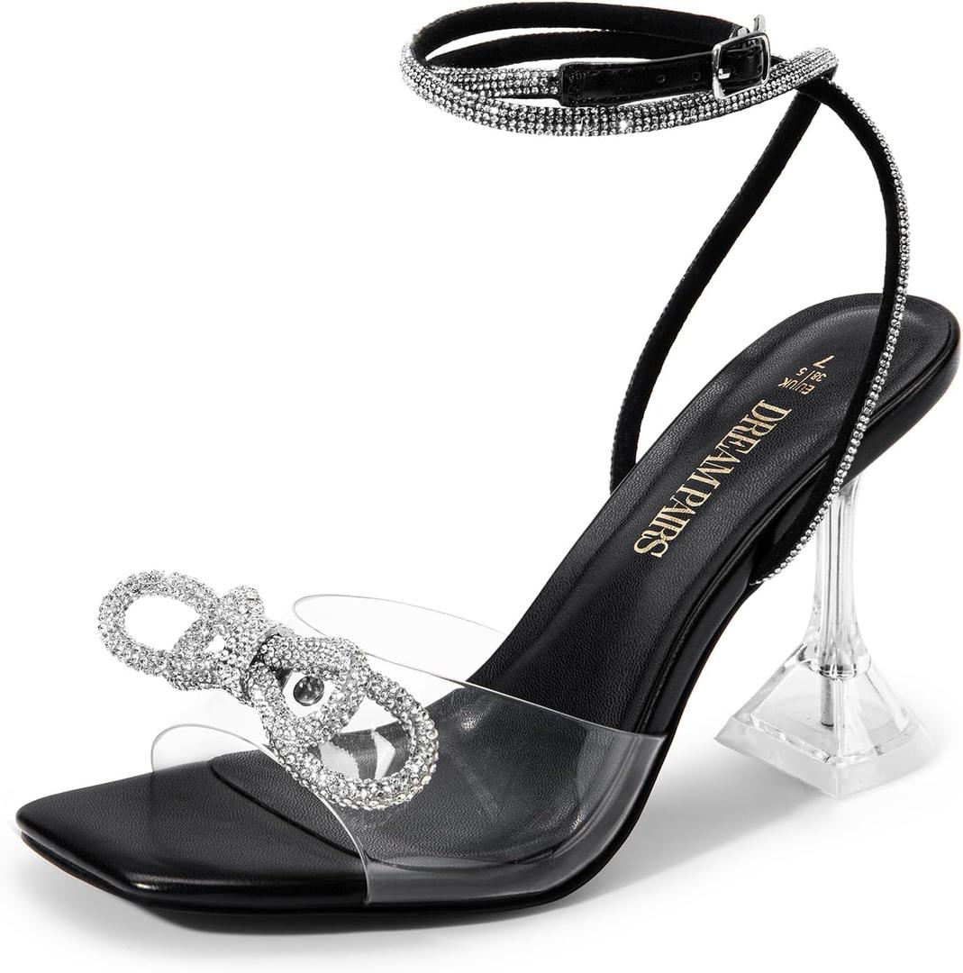 DREAM PAIRS Stiletto Bow Heels for Women Strappy Sparkly Rhinestone Square Toe Clear Crystal High Sandals for Party Wedding (10, Black-pu)