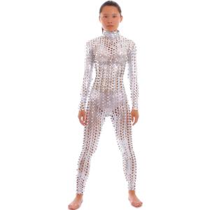 Seeksmile Unisex Hollow-Carved Shiny Dancewear Catsuit Bodysuit (Silver), XL