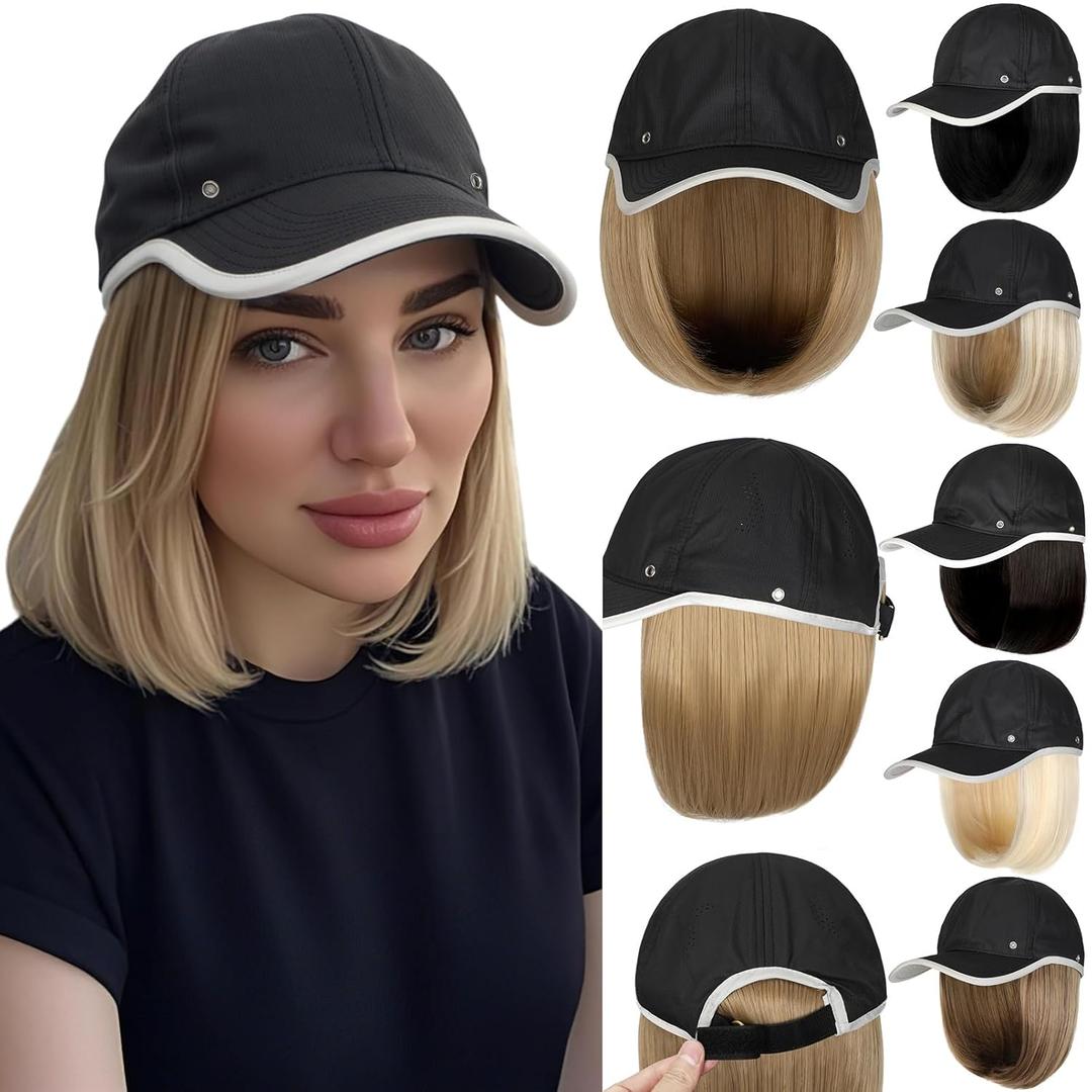 Qlenkay Waterproof Baseball Cap Attached with Straight Bob Hair Soft Crown Adjustable Quick Dry Hat Wig 14in Short Synthetic Hairpiece for Women Bleach Blonde Mix Ash Blonde (Short-8 Inch)