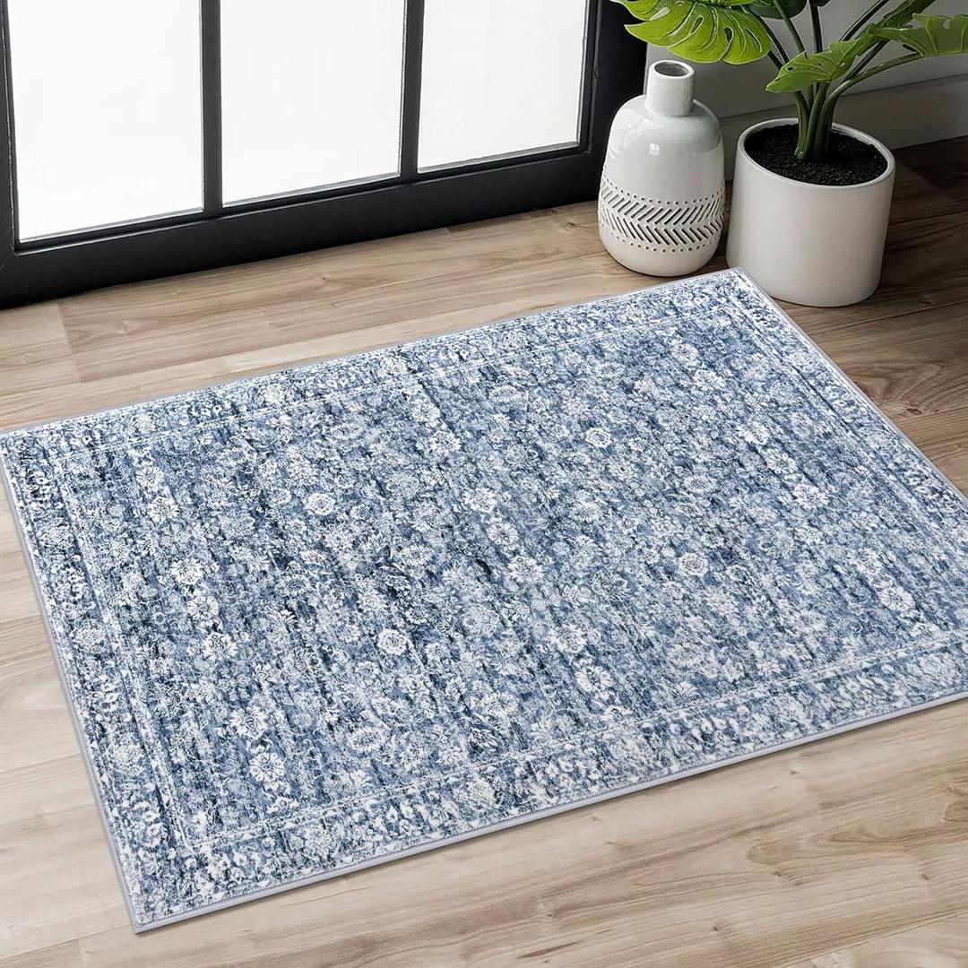 2x3 Blue Washable Rugs for Entrance, Soft Distressed Floral Area Rug, Non-Slip Low-Pile Doormat for Entryway, Dorm, Bedside, Foyer, Indoor Door Mat