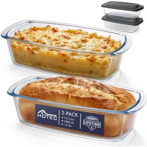 HOTEC 2-Pack LARGE 7.6 Cups/1800 ML/1.9 Qt Glass Loaf Pan, Microwave and Oven Safe - Loaf Pans For Food Storage Container, Bakeware for Bread, Lasagna, Potatoes, Meal Prep, Airtight Lid