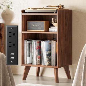 Record Player Stand, Turntable Stand with Record Storage and Charging Station & USB Ports, Record Player Table with Metal Divider, Record Stand Up to 160 Albums for Living Room, Bedroom Walnut, 19.6" x 15.7" x 31.8"
