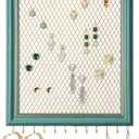 Heesch Hanging Earring Organizer Frame Wall Mounted Jewelry Holder Vintage Rustic Stud Earring Display with Removable Rod and 12 Hooks for Necklaces, Bracelets and Rings (Teal)