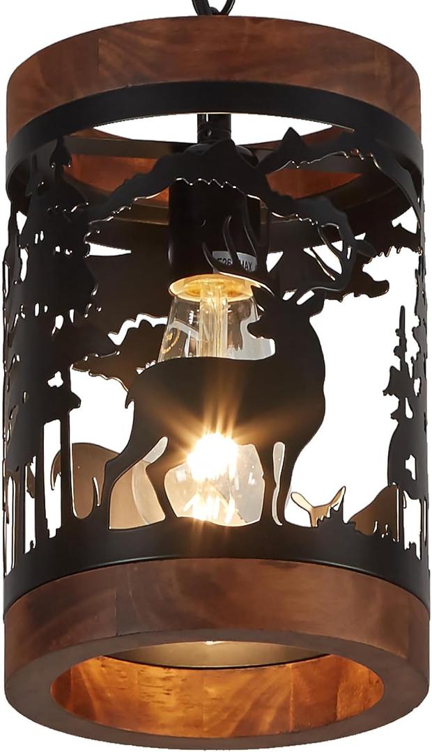 Rustic Deer Pendant Light, 1-Light Farmhouse Wood and Metal Cage Chandelier, Adjustable Hanging Ceiling Fixture for Kitchen Island, Hallway, Bar, Dining Room, Foyer, or Bedroom, (No Bulb Included)