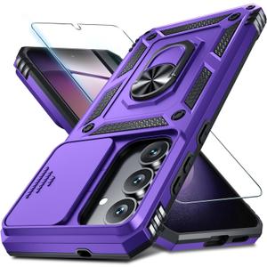 Janmitta Compatible with Samsung Galaxy S25 FE Case Built in Slide Camera Lens Cover+Screen Protector+Finger Ring Holder Kickstand,Heavy Duty Shockproof Full Body Phone Cover,2025 Purple
