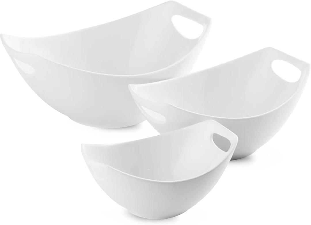 LAUCHUH Serving Bowls with Handles, Porcelain Serving Dishes White Nesting Bowls Mixing Bowl Set Salad Bowls for Entertaining, Party, Valentine's Day, Baby Shower, Set of 3, 15/28/49 oz
