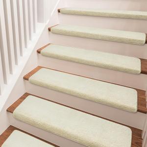 PURE ERA Carpet Stair Treads Ultra Plush 9.5" X 30"Soft Bullnose Indoor Stair Protectors Pet-Friendly Non-Slip Skid Resistant Tape Free Washable Reusable(14 Pieces,Beige)
