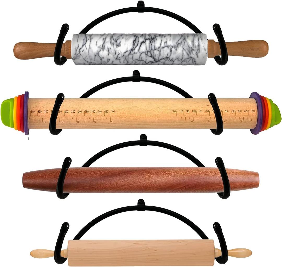 Pack of 4  Rolling Pin Holder Display Rack Storage Organizers Wall Mount Hooks  Home Decor Kitchen Wall Hanging Multi Purpose Bottle Rack - No Rolling Pin