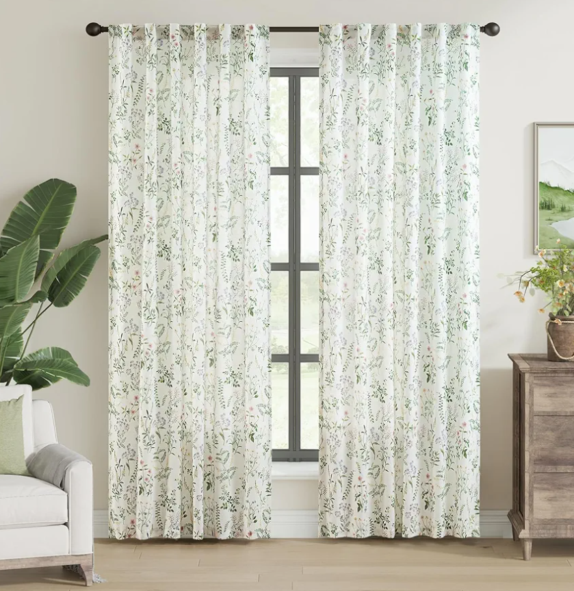 jinchan Linen Floral Curtains 84 Inch Length for Living Room Bedroom Light Filtering Farmhouse Peony Flower Drapes Rustic Window Curtain Set Rod Pocket Back Tab 2 Panels Green