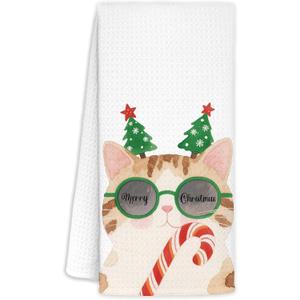 WUCHJ Christmas Cat Kitchen Towels, Retro Christmas Cat Candy Cane Hand Towels for Bathroom, Cats Lover Mom Lady Gifts, Xmas Cute Kitty Kitten Decorative Dish Tea Towel, 16x24 Inch