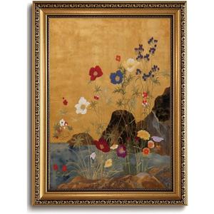 Chinoiserie Wall Art Gold Framed, Chinese Botanical Canvas Print 16x24 Inch
