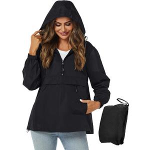 Avoogue Womens Rain Jacket with Hood,Pullover,Packable,Lightweight,Windbreaker,Waterproof,Breathable. (Small, Black)
