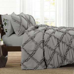 2000 Thread Count Egyptian Cotton King/Cal-King 104" X 92" Size 5 Piece Diamond Ruffle Duvet Cover Set Zipper Closer & Corner Ties (1 Duvet Cover & 4 Pillow Sham), Silver Solid