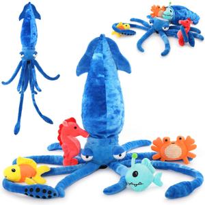 5Pcs Giant Squid Stuffed Animal 41.3" with Small Marine Clownfish,Crab, Seahorse, Angler Fish Baby Plush Toys, Adorable Bulk Ocean Animal Plushies Gifts for Squid Toys Lover,Kids,Boys,Girls