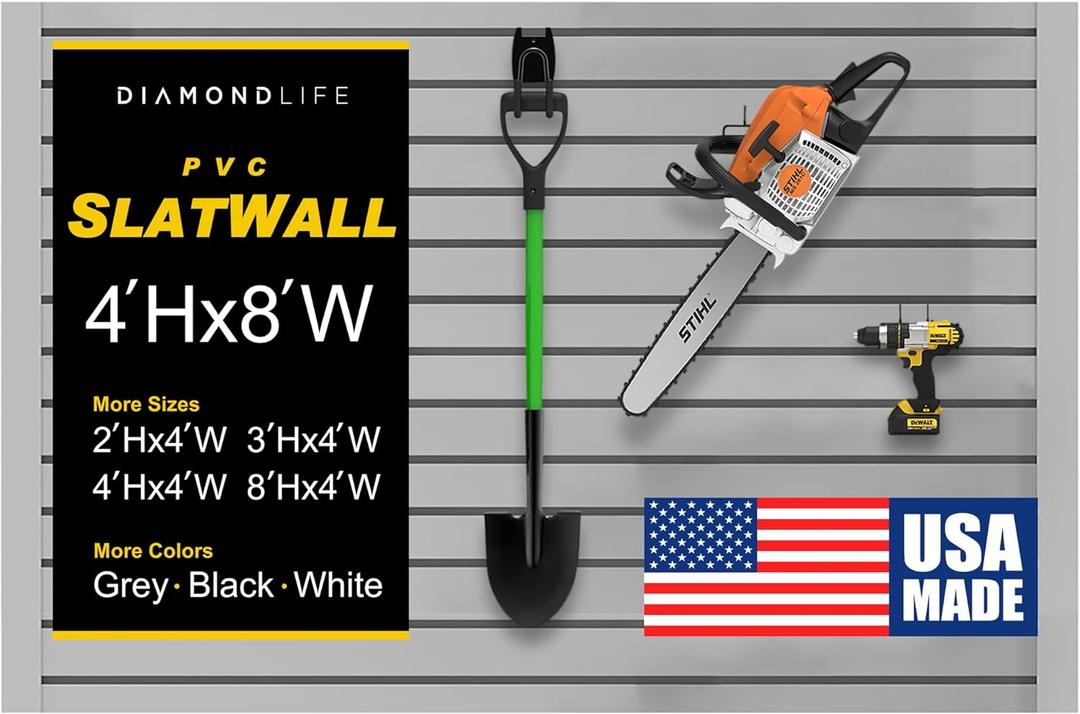 DLDIRECT 48" X 96" - Grey Slatwall Panel Garage Organizer: Heavy Duty Wall Mounted PVC Rack, Interlocking Slat Paneling for Garage Storage, Slatwall Board, Shelves System