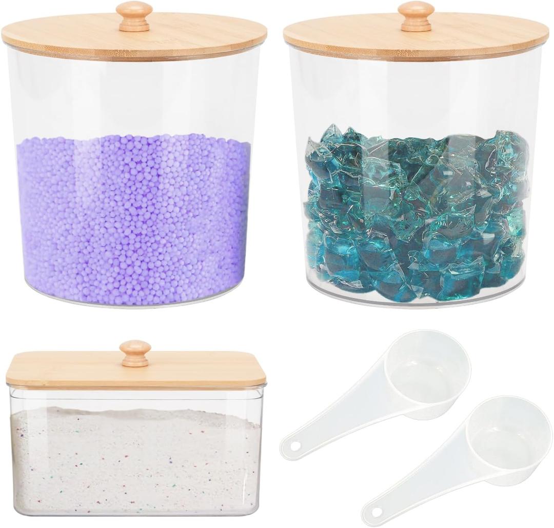3-Pack Laundry Pods & Detergent Powder Storage Containers with Natural Bamboo Lids for Organized Laundry Room