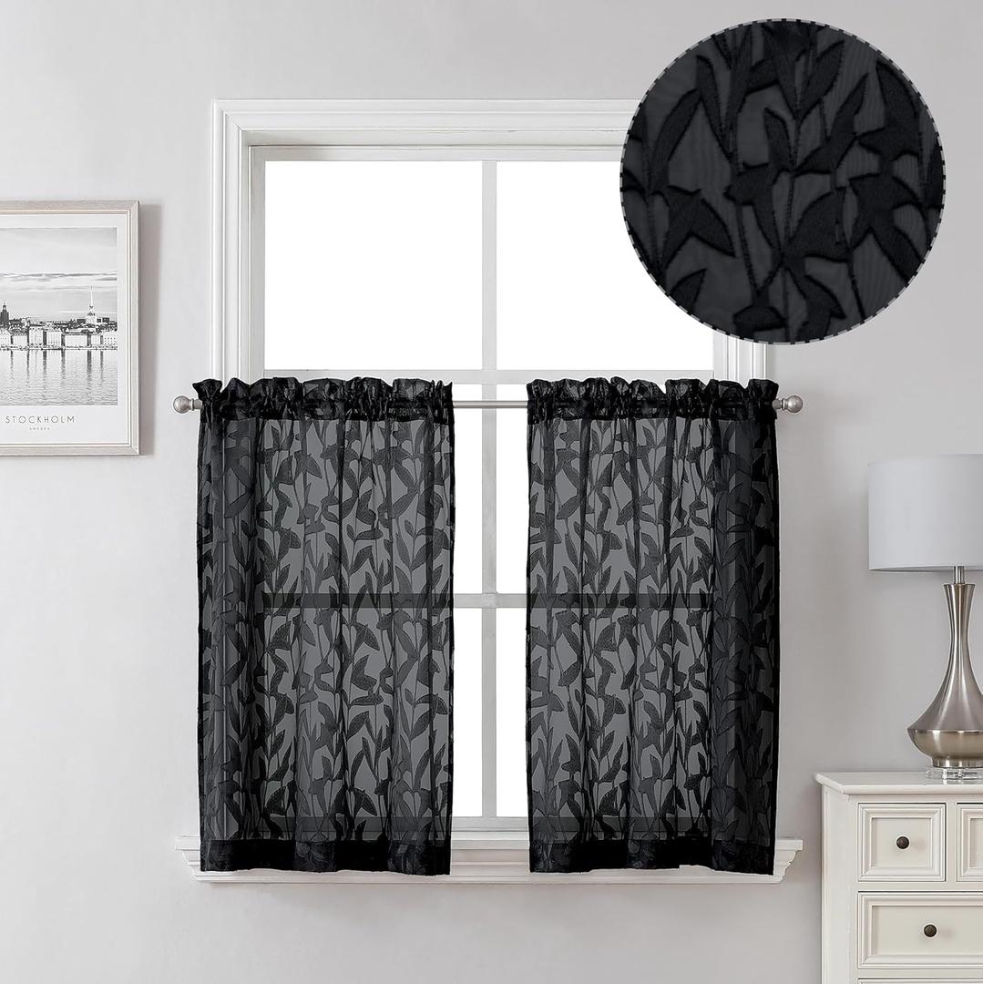 Lecloud Leia 2 PCS Black Sheer Kitchen Curtains 36 Inch Length, Airy & Breathable Clip Textured Leaf Cafe Living Room Voile Curtain Tiers, Dual Rod Pockets Jacquard Bathroom Bedroom Drapes, 38W x 36L