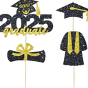 4 Pcs 2025 Graduate Cake Topper Black Glitter Congrats Grad Cake Topper Class of 2025 Cake Decor for 2025 Senior High School/College/University Happy 2025 Graduation Party Supplies Decorations, 2pack