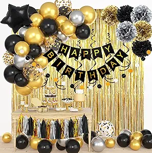 Black and Gold Birthday Party Decorations Kit for Men Women, Cheers Beer Confetti Black Gold Balloon Happy Birthday Banner Fringe Curtains Swirl Circle Dots Tassels Pom Graduation 30th 40th 50th Him