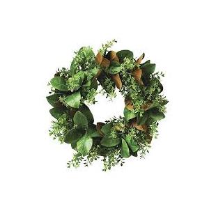 Serene Spaces Living Artificial Magnolia Leaf Garland and Wreath, Ideal to Hang at Wedding, Store Display, Window Sill, Fall Decor, Holiday Décor (24" Green & Brown Magnolia Wreath)