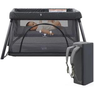Travel Crib, Portable Crib for Baby, Pack and Play for Babies and Toddler, Lightweight Backpack Design,Foldable Travel Baby Playpen with Mattress(Dark Grey)