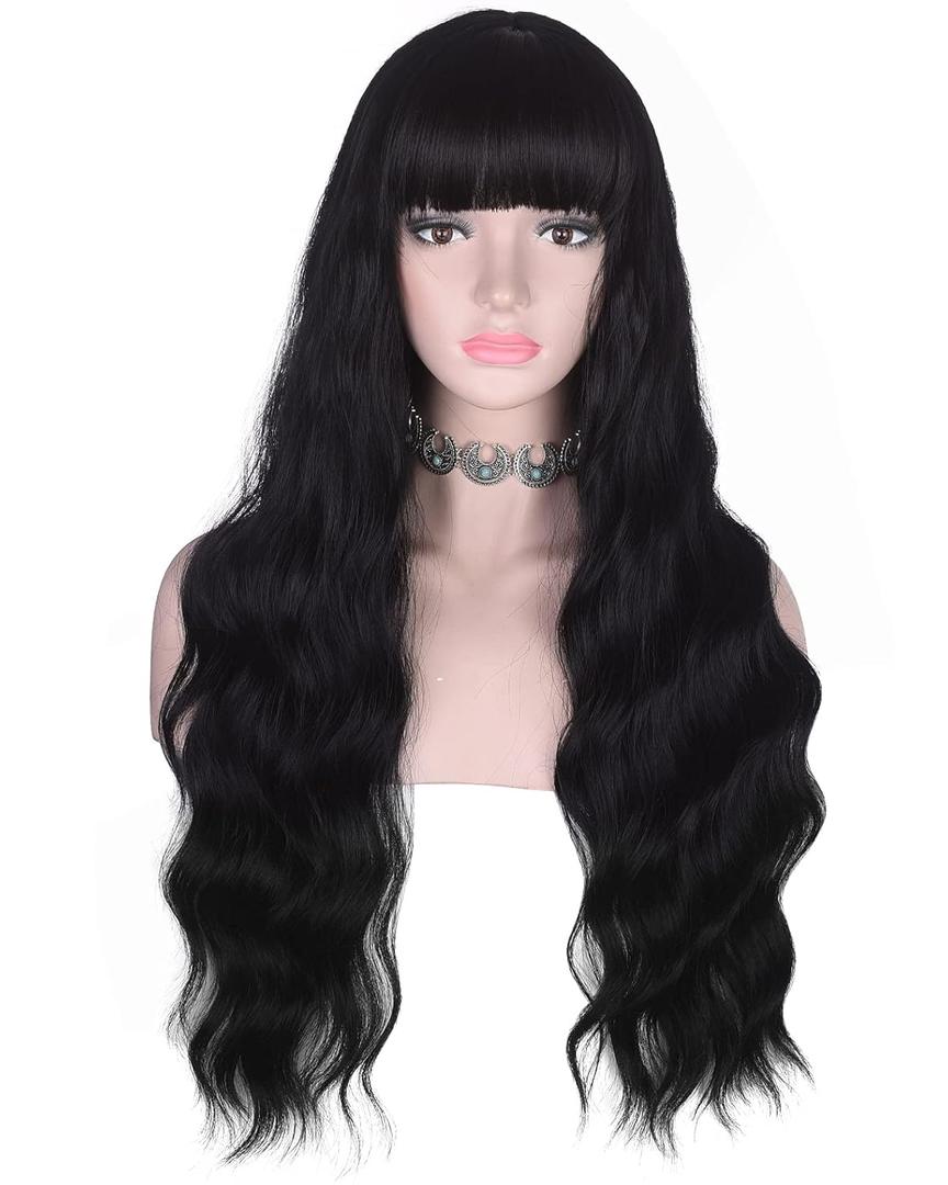 Long Wavy Black Wig with Bangs for Women Heat Resistant Synthetic Hair Wigs for Daily Use (Black)