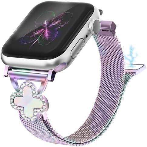 Joyozy Slim Metal Band Compatible with Apple Watch Band 38mm 40mm 41mm 42mm 44mm 45mm 46mm 49mm Skinny Magnetic Strap with Bling Charms, Cute Stainless Steel Band, Dressy Thin iWatch Bracelet for Women