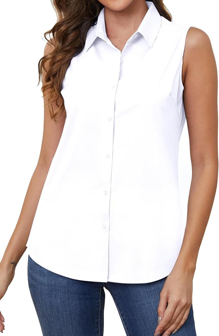 Wrinkle Free Womens Sleeveless Button Down Shirts for Women Stretch Business Office Formal Work Blouses Tops (White, L)