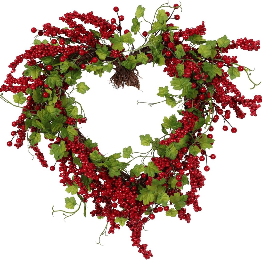 Valentines Day Wreath Heart Wreath with Red Berries Lush Green Ivy, Romantic Front Door Decoration for Spring Mother's Day, Perfect for Weddings & Indoor/Outdoor Farmhouse Dcor