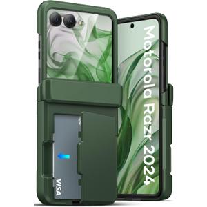 ATATOO for Motorola Razr 2024 Case, Built-in Card Holder (Store 3 Cards) & Hinge Protection & HD Screen Protector, Military Grade Protection, Sturdy Durable Wallet Phone Case for Moto Razr 2024, Green