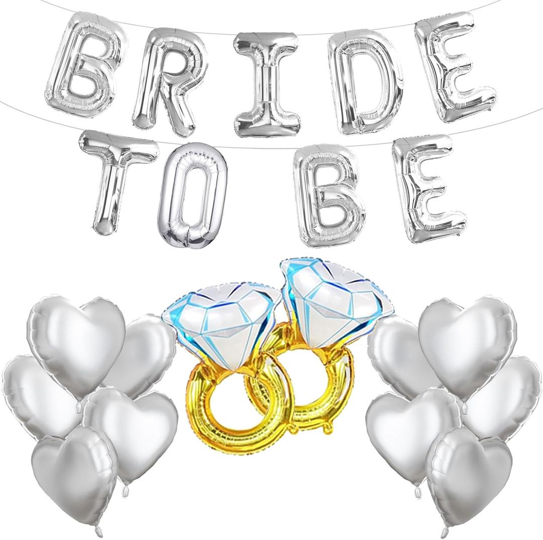 Bachelorette Party Decorations Bride To Be Balloons Banner - 16 inch Silver Letter Balloon - Ring Bride Balloons for Engagement Party Decorations Favors Supplies
