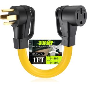 NEMA 14-30P to 14-50R EV Charger Adapter Cord 30 Amp Dryer to 50 Amp EV for Level 2 Charging, 4 Prong Male to 4 Prong Female Power Cord with Handle, STW 10 AWG/4C, 1FT, ETL Listed