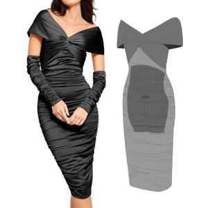 Popilush Shapewear Dress with Sleeves - Multi Way Wear Dresses Off The Shoulder Ruched Bodycon Cocktail Dress (Large, Black)