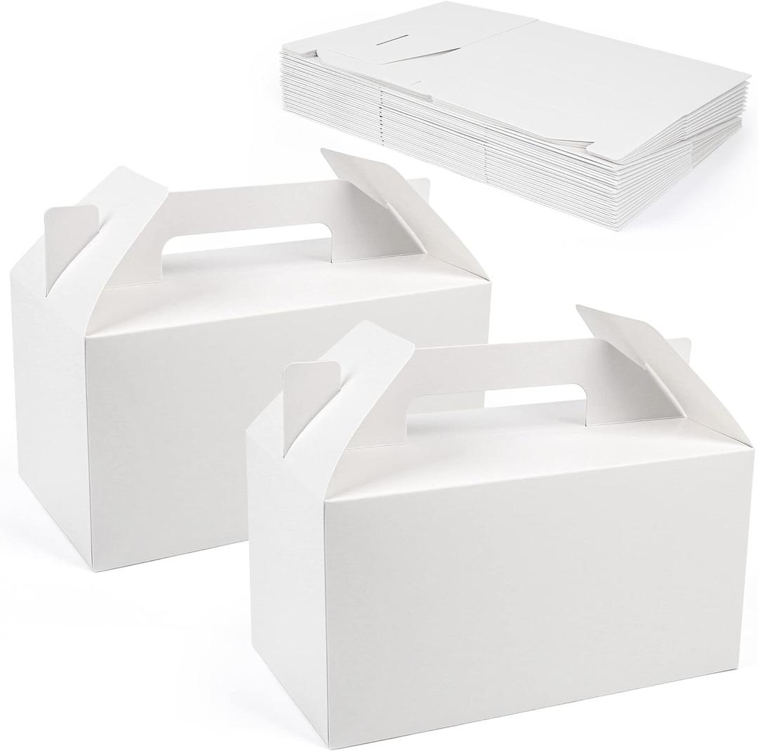 LotFancy Gable Boxes for Party Favor, 9.5 x 5 x 5 Inches, 25 Pack, Large Treat Box with Handles, White Gift Boxes, Goodie Box for Birthday, Wedding, Baby Shower, Lunch, White 