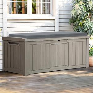 YITAHOME Outdoor Storage Box with Cushion, 120 Gallon Waterproof Deck Box for Garden Tools, Patio Cushions, and Pool Accessories, Lockable, Easy Assembly, Versatile Bench or Table (Light Brown) (Taupe)