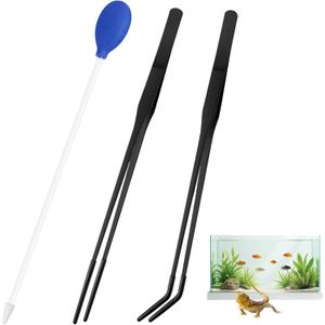 Feehope 3 Pcs Multi-Functional Axolotl Tank Accessories, Pro-Grade Straight and Curved Long Tweezers with Extended Reach and Ergo-Grip, Plus a Precision Coral Feeder in One Care Bundle