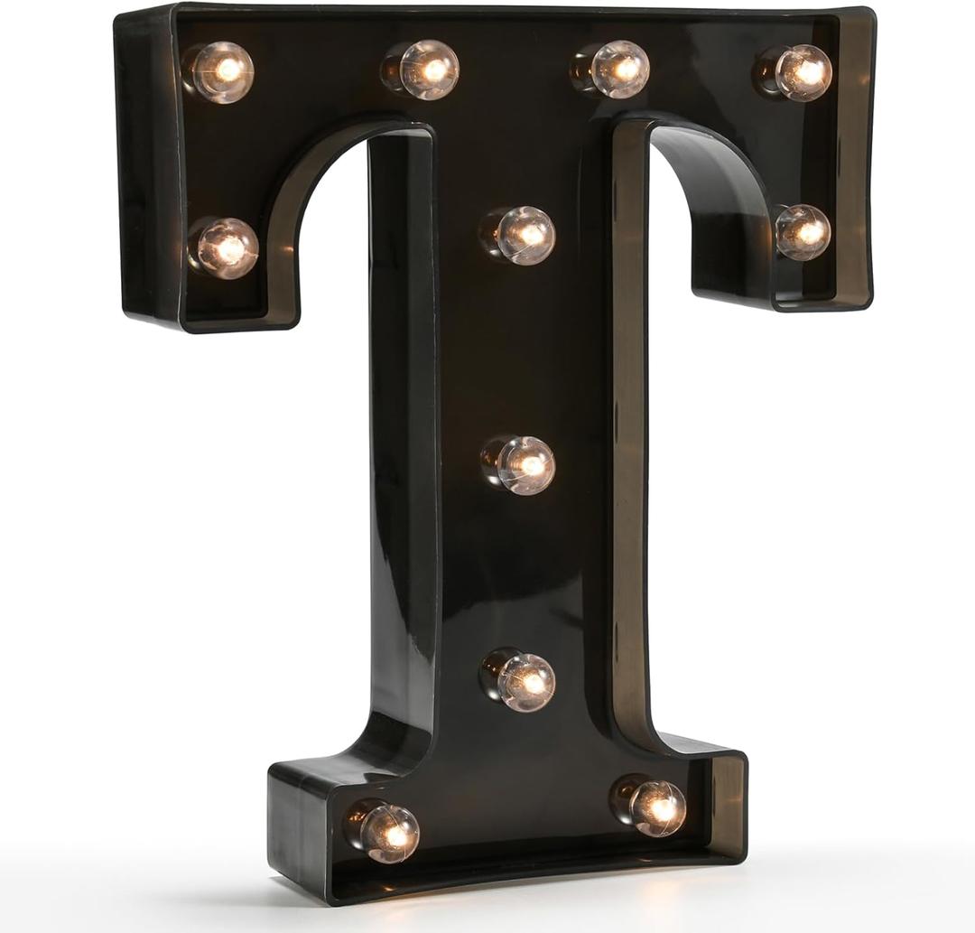 Light Up Black Alphabet Marquee Letters Sign LED Marquee Number Lights Sign for Night Light Home Bar Christmas Lamp Birthday Party Wedding Decoration T (1.77"D x 7.68"W x 8.66"H)