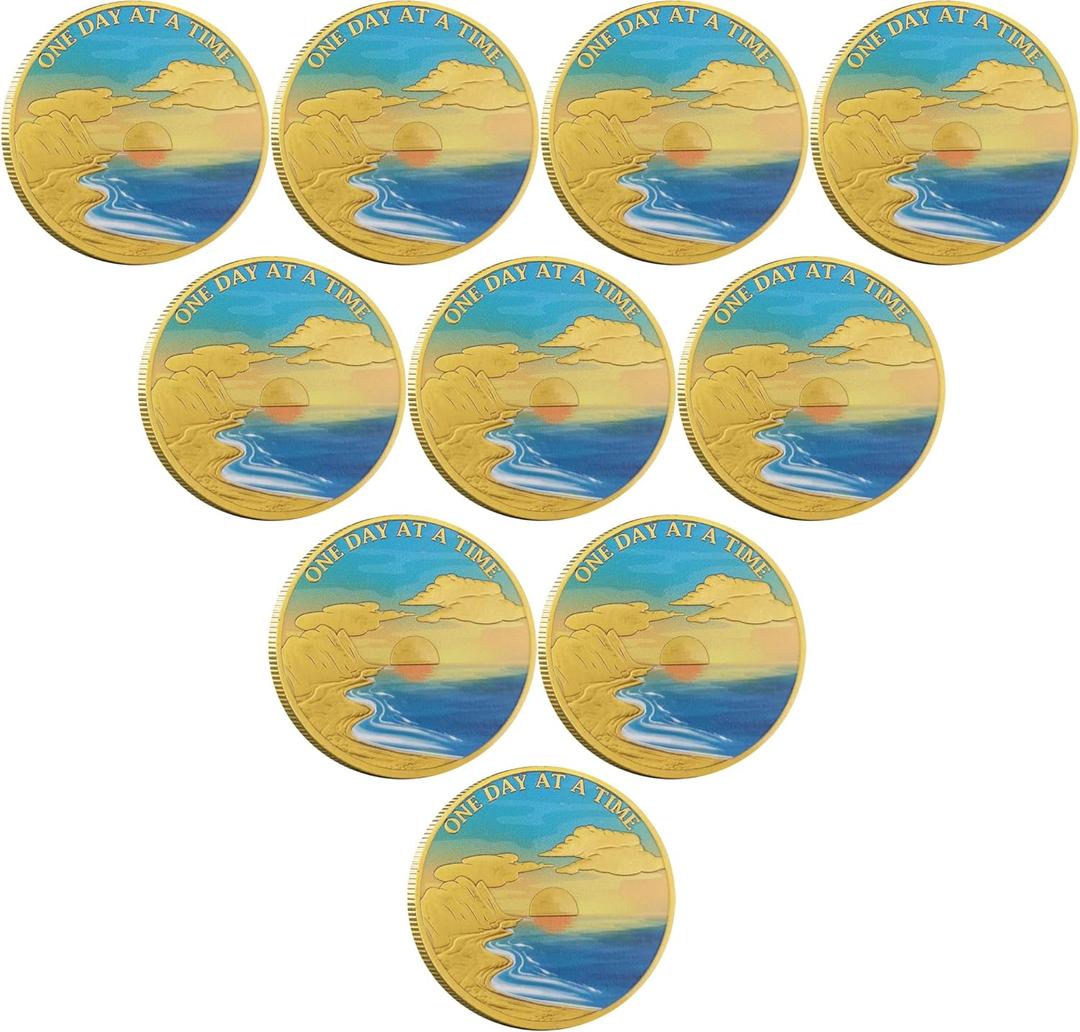 Serenity Shoreline Sunrise Sobriety Chip One Day at A Time AA Medallion (Pack of 10)