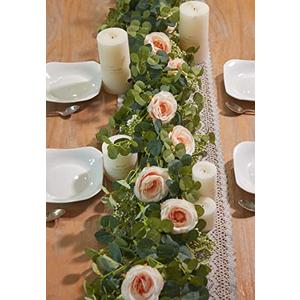 PARTY JOY 6.56ft Eucalyptus Garland with Flowers-8 Red Roses-Lush,Natural Looking, Floral Garland Greenery for Party Wedding Table Indoor Outdoor Backdrop Wall Decor（Red,1）