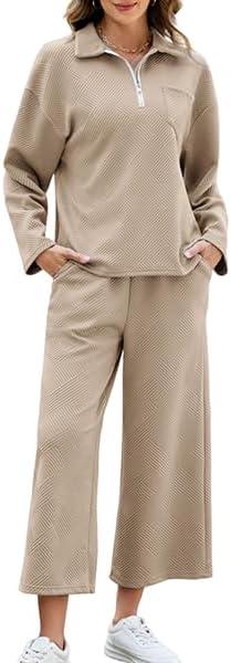 AGSEEM Lounge Sets for Women, Women's 2 Piece Outfits Long Sleeve 1/4 Zip Pullover Cropped Pants 2PC Outfit Comfy Sweatsuits (Khaki), Large