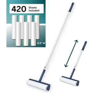 Large Lint Roller with Extra Sticky Roller and 420 Sheets 9.5" Wide, Floor Lint Roller Long Handle, Extendable to 41", Carpet, Couch, Pet Hair, Clothing Cleaning Supplies (Navy Roller + 7 Refills)