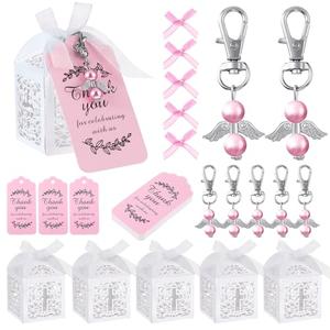 Outus 60 Pcs Baptism Party Favors 20 Angel Keychain Shower Favors 20 Baptism Favor Boxes 20 Thank You Favor Tags Baby Shower Party Gift for First Communion(Pink)