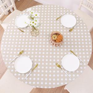 Round Vinyl Fitted Tablecloth with Flannel Backing Elastic Edge Design Table Cover Waterproof Oil-Proof PVC Table Cloth Stain-Resistant Wipeable for Round Table (Large Round Fits Table up 57"-65" Diameter, White Dots)
